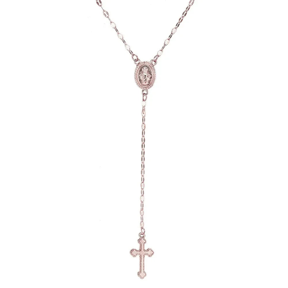 Rose Gold Layered Rosary Necklace for Women - Vintage Christian Cross & Virgin Mary Medal Pendant - Boho Religious Jewelry Gift