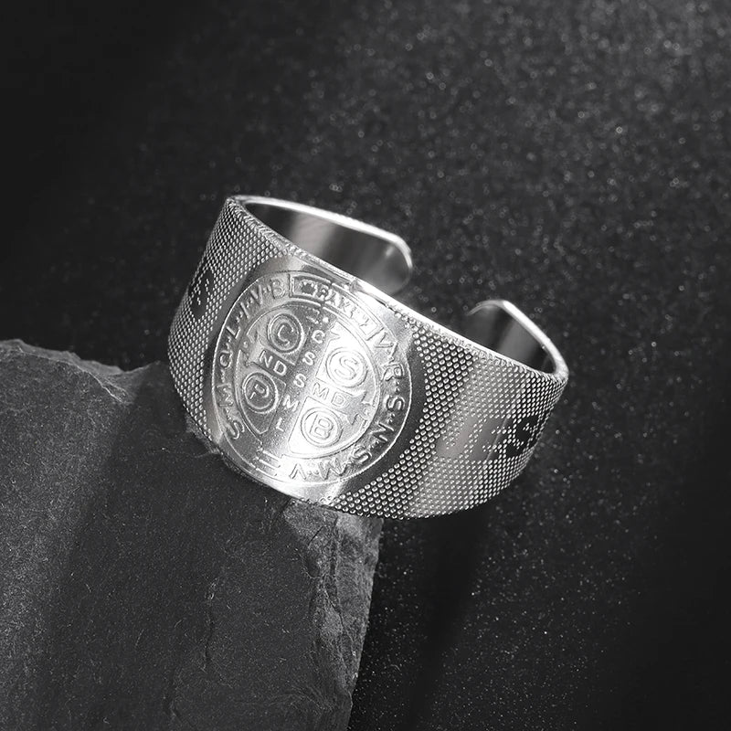 Saint Benedict Ring for Men Women - Stainless Steel Catholic Exorcism Protection Ring - Religious Christian Jewelry Adjustable Size