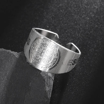 Saint Benedict Ring for Men Women - Stainless Steel Catholic Exorcism Protection Ring - Religious Christian Jewelry Adjustable Size