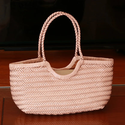 CHRISTIANARTBAG Genuine Leather Woven Tote Bag – Handcrafted Vintage Cowhide Shoulder Purse for Women, Large Capacity Artisan Basket Bag