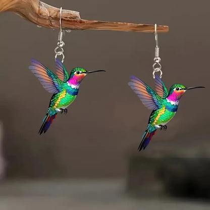 Colorful Hummingbird Drop Earrings - Stained Glass Style Bird Dangle Earrings for Women, Retro Fashion Jewelry Gift