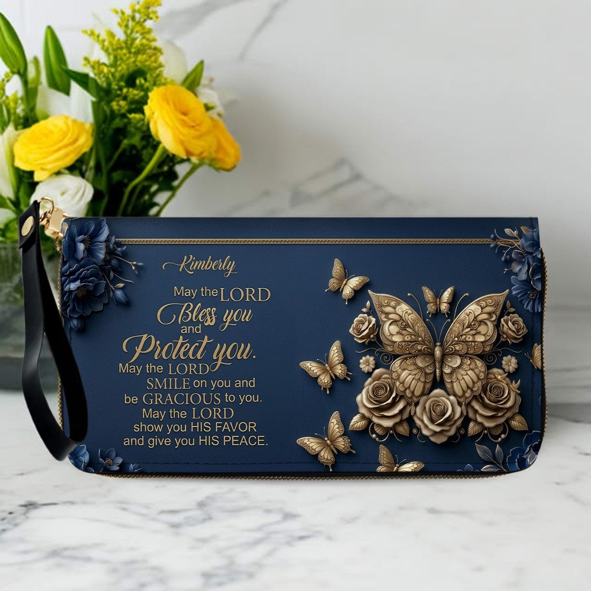 CHRISTIANARTBAG Personalized Leather Handbag, Custom Name & Color, "May The Lord Bless You" Butterfly & Floral Design, Luxury Christian Tote Bag CAB01072226