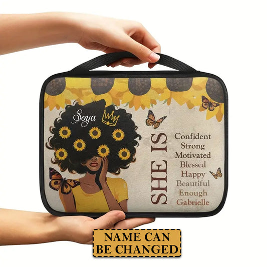 Empowering 'She Is' Sunflower Canvas Bible Cover - Personalized & Inspirational | CHRISTIANARTBAG