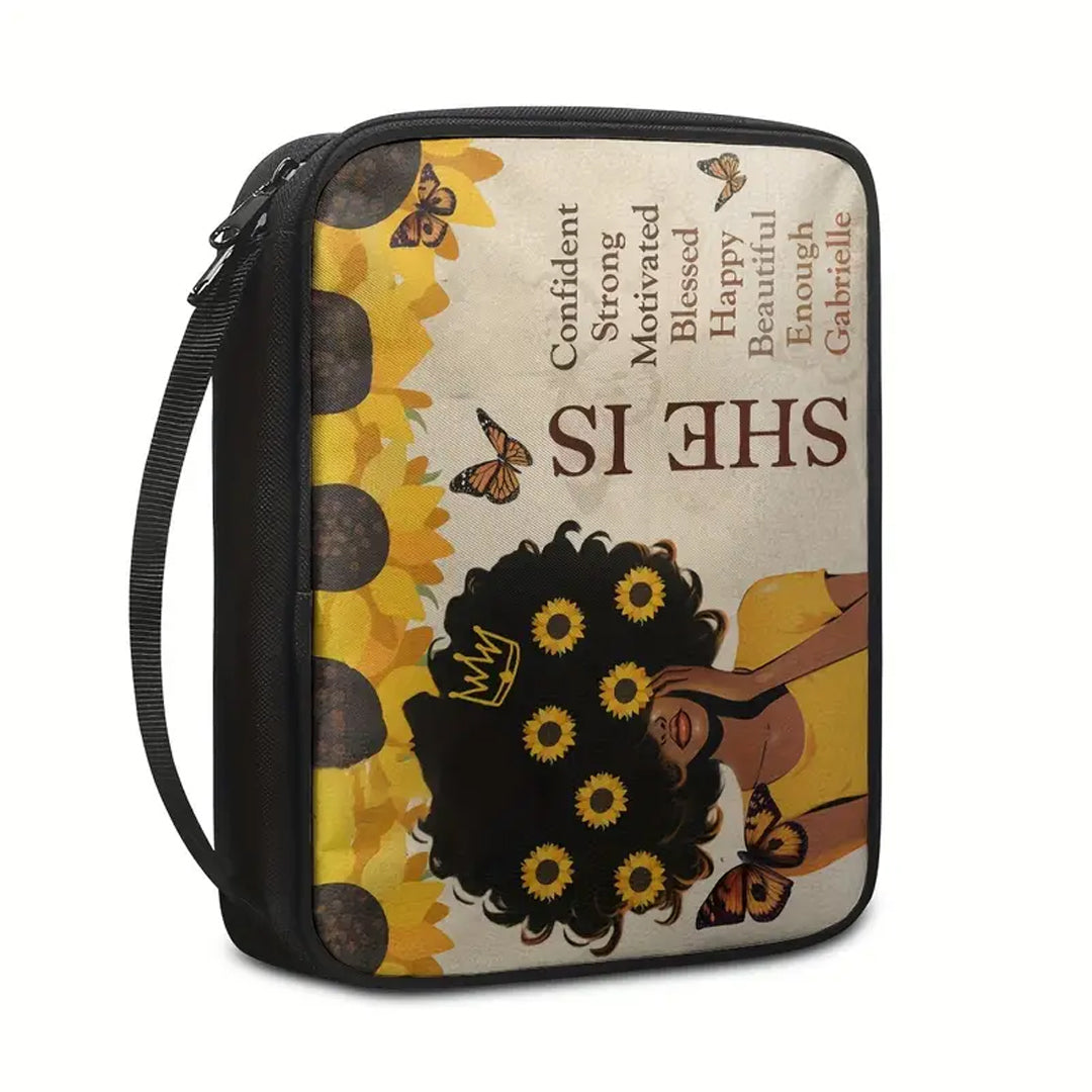 Empowering 'She Is' Sunflower Canvas Bible Cover - Personalized & Inspirational | CHRISTIANARTBAG