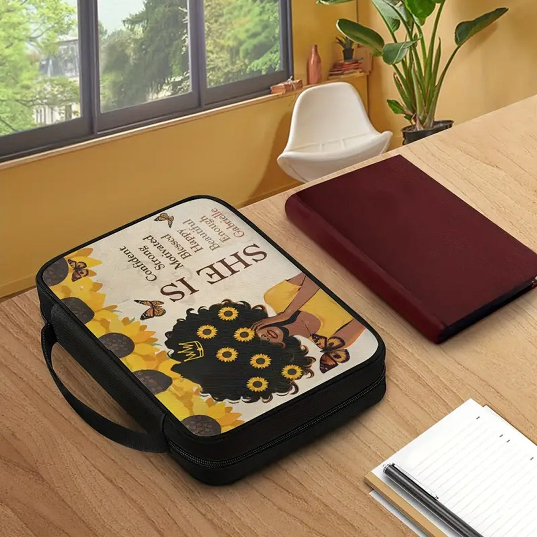 Empowering 'She Is' Sunflower Canvas Bible Cover - Personalized & Inspirational | CHRISTIANARTBAG