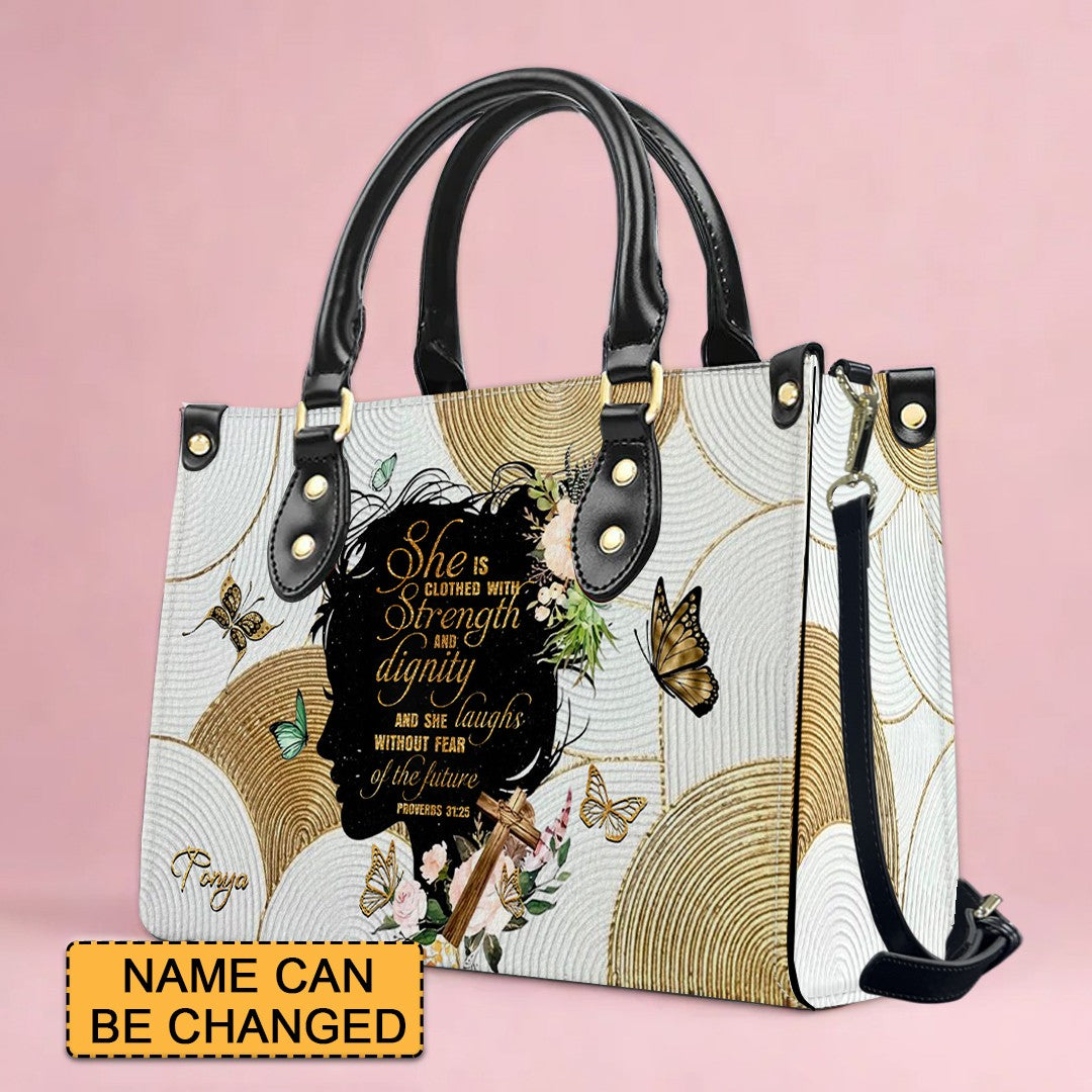 Personalized Christian Handbag – Proverbs 31:25 “Clothed in Strength and Dignity” – Custom Name Faith Tote Bag for Women