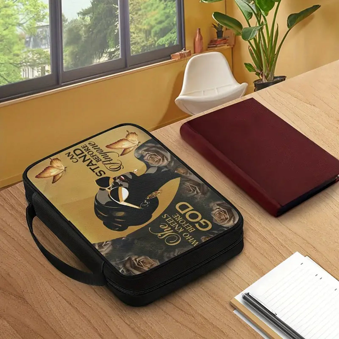 Personalized Canvas Bible Cover with Spiritual Icons | 'She Who Kneels' Design by CHRISTIANARTBAG