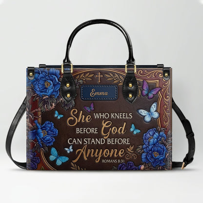 Personalized "She Who Kneels Before God" Leather Handbag - Custom Name Christian Faith Bag - CAB01070826