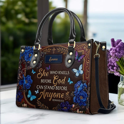 Personalized "She Who Kneels Before God" Leather Handbag - Custom Name Christian Faith Bag - CAB01070826