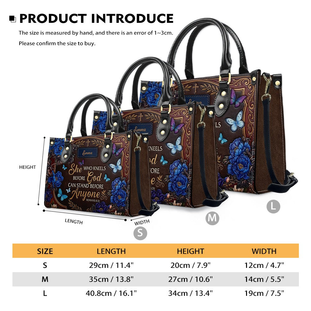 Personalized "She Who Kneels Before God" Leather Handbag - Custom Name Christian Faith Bag - CAB01070826