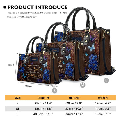 Personalized "She Who Kneels Before God" Leather Handbag - Custom Name Christian Faith Bag - CAB01070826