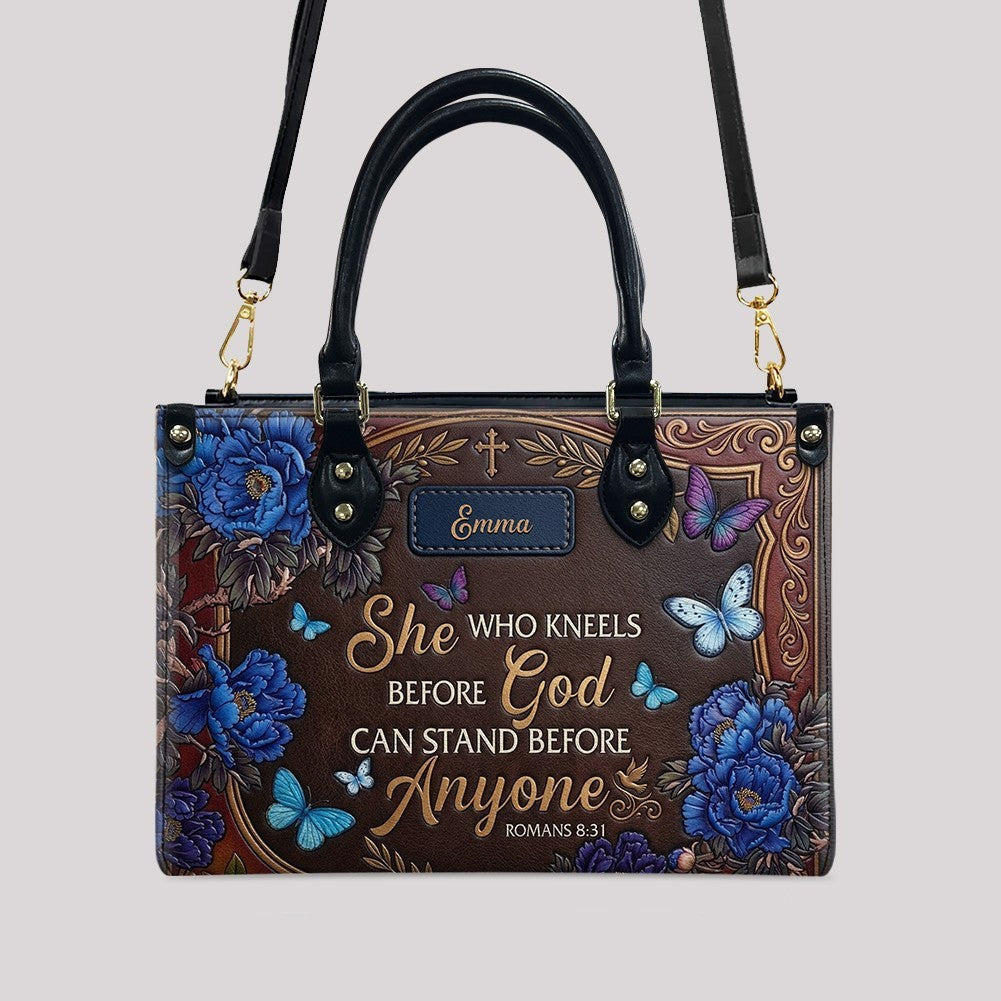 Personalized "She Who Kneels Before God" Leather Handbag - Custom Name Christian Faith Bag - CAB01070826