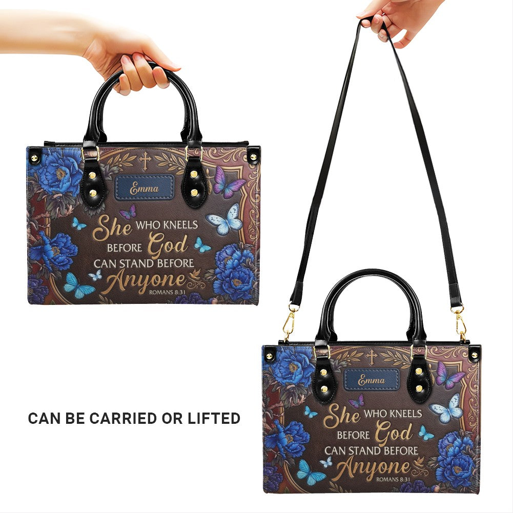 Personalized "She Who Kneels Before God" Leather Handbag - Custom Name Christian Faith Bag - CAB01070826