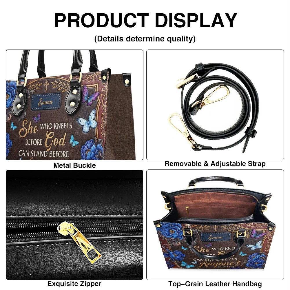 Personalized "She Who Kneels Before God" Leather Handbag - Custom Name Christian Faith Bag - CAB01070826
