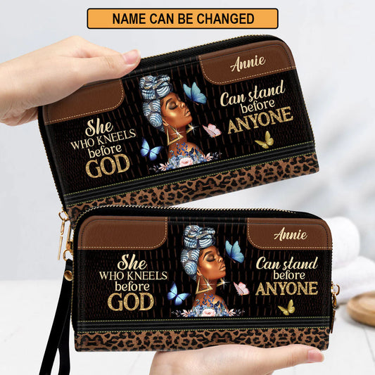Christianartbag Clutch Purse, She Who Kneels Before God Can Stand Before Anyone Clutch Purse For Women, Personalized Name, Christian Gifts For Women, CAB03091223. - Christian Art Bag