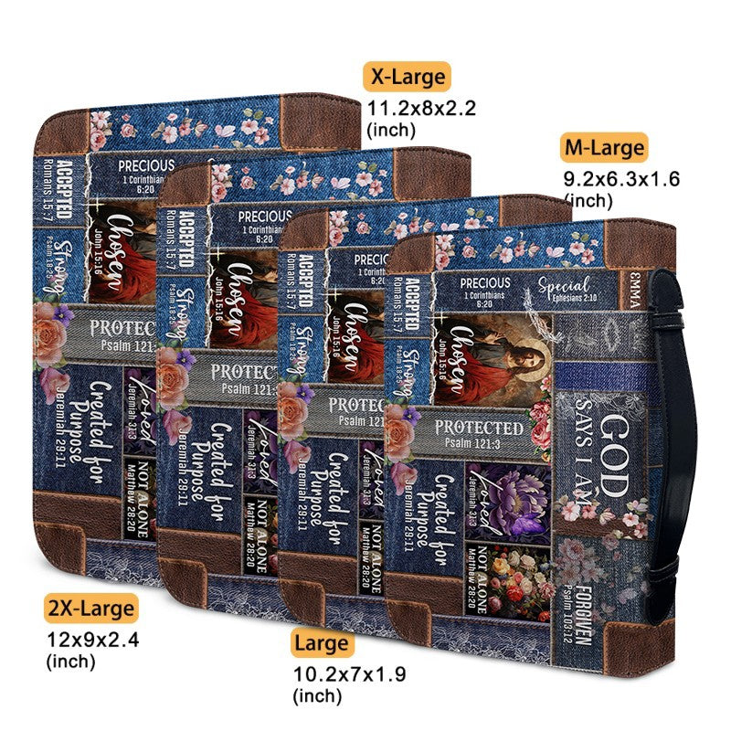 Personalized Leather Bible Cover – “God Says I Am” Design with Custom Name & Bible Verses – Christian Gift for Women