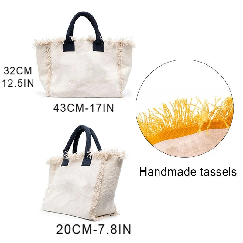 HPSP Handmade Bags, Summer American Style Trends Stripe Printing Women's Tassel HandBag Customizable Letters Canvas Tote Beach Bag Wedding Gift - Christian Art Bag