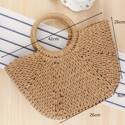 Christianartbag Handmade Bag, Summer & Autumn Handmade Bags for Women Beach Weaving Ladies Straw Bag Wrapped Beach Bag Moon shaped Top Handle Handbags Totes, CABHMB04141023. - Christian Art Bag