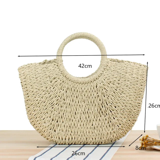 Christianartbag Handmade Bag, Summer & Autumn Handmade Bags for Women Beach Weaving Ladies Straw Bag Wrapped Beach Bag Moon shaped Top Handle Handbags Totes, CABHMB04141023. - Christian Art Bag