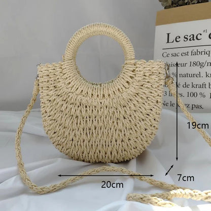 Christianartbag Handmade Bag, Summer & Autumn Handmade Bags for Women Beach Weaving Ladies Straw Bag Wrapped Beach Bag Moon shaped Top Handle Handbags Totes, CABHMB04141023. - Christian Art Bag