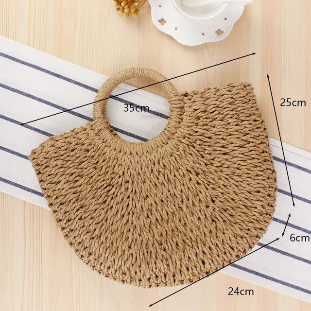 Christianartbag Handmade Bag, Summer & Autumn Handmade Bags for Women Beach Weaving Ladies Straw Bag Wrapped Beach Bag Moon shaped Top Handle Handbags Totes, CABHMB04141023. - Christian Art Bag