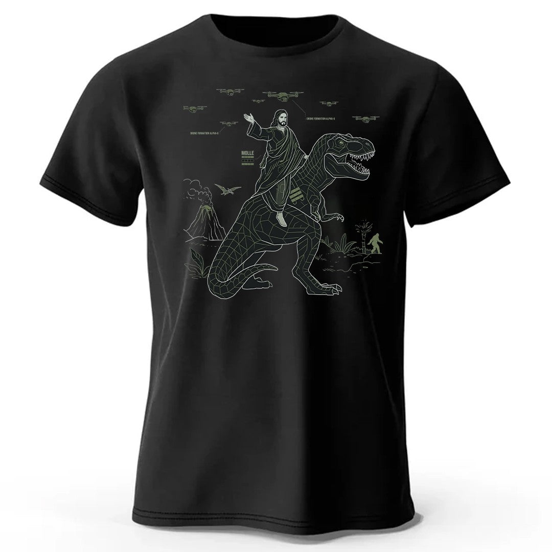 CHRISTIANARTBAG Tech-Minimalist Jesus Riding Dinosaur T-Shirt - Urban Utility Graphic Tee
