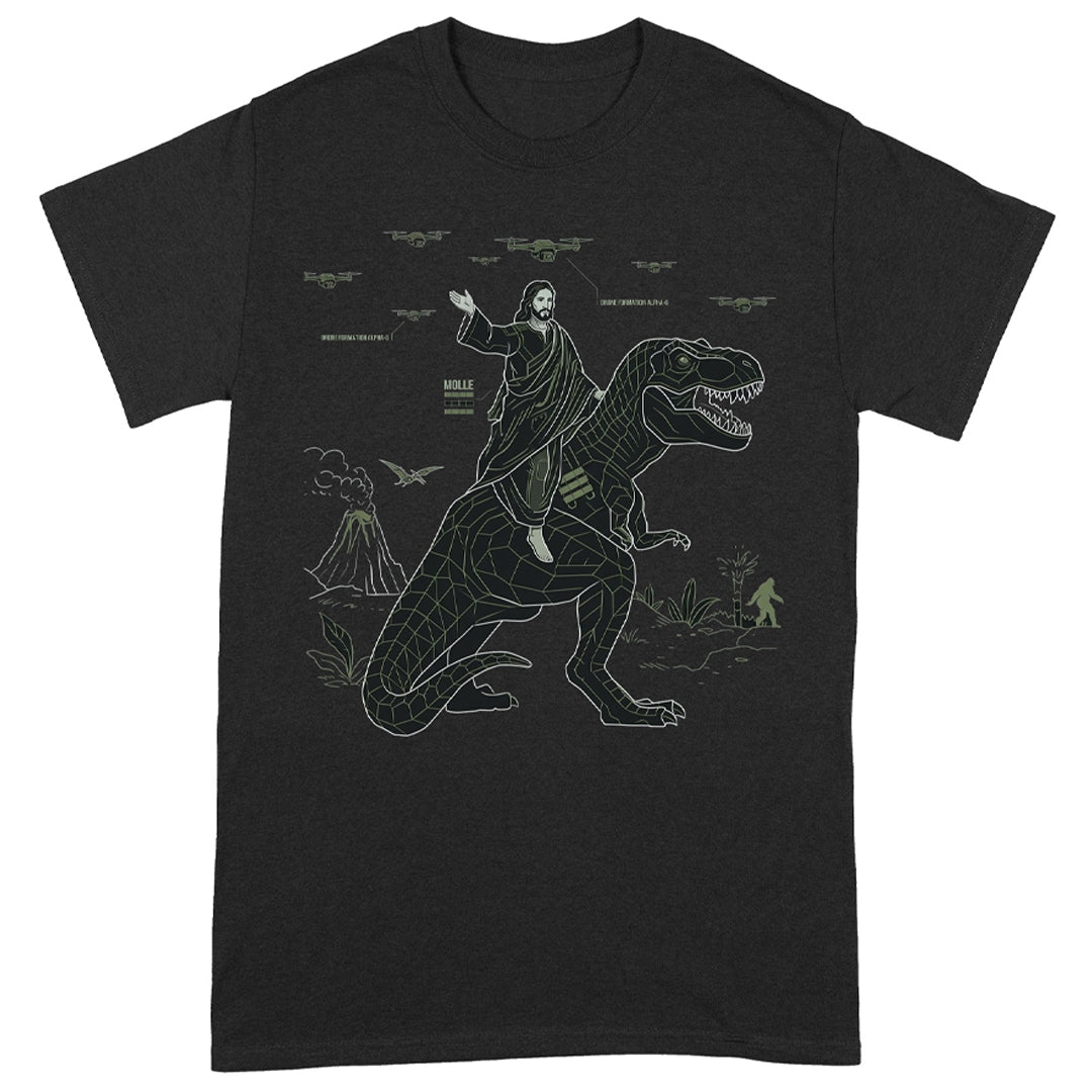 CHRISTIANARTBAG Tech-Minimalist Jesus Riding Dinosaur T-Shirt - Urban Utility Graphic Tee