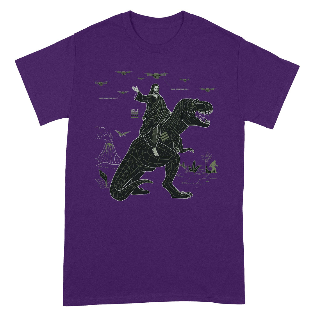 CHRISTIANARTBAG Tech-Minimalist Jesus Riding Dinosaur T-Shirt - Urban Utility Graphic Tee