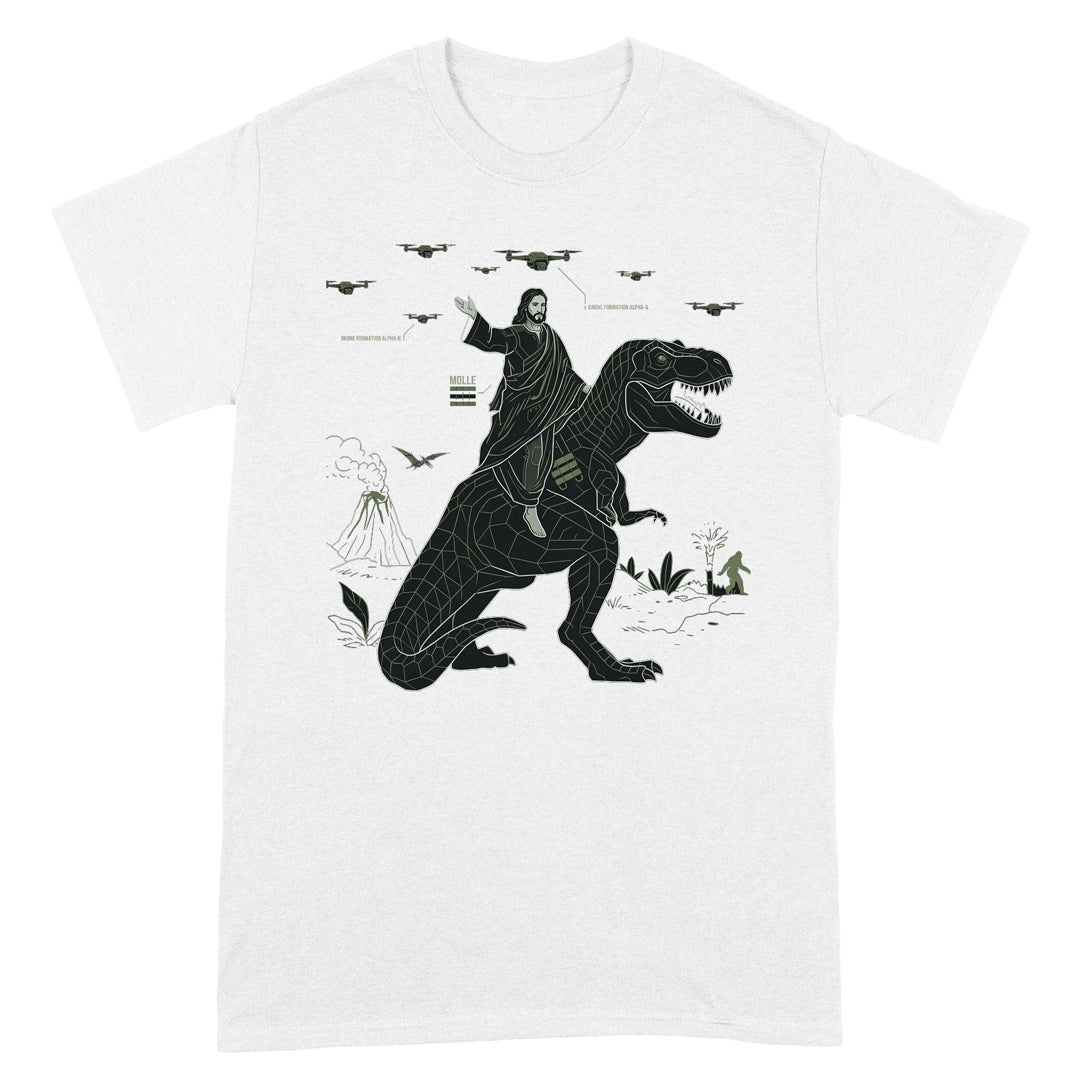 CHRISTIANARTBAG Tech-Minimalist Jesus Riding Dinosaur T-Shirt - Urban Utility Graphic Tee