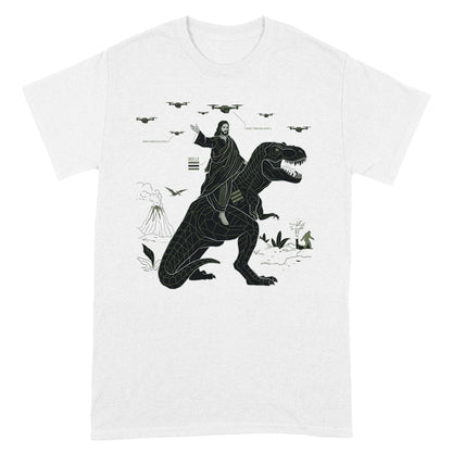 CHRISTIANARTBAG Tech-Minimalist Jesus Riding Dinosaur T-Shirt - Urban Utility Graphic Tee