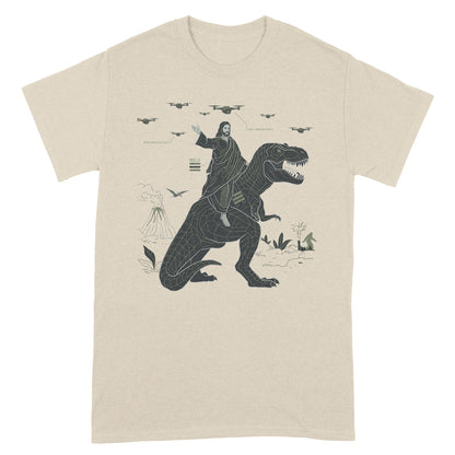 CHRISTIANARTBAG Tech-Minimalist Jesus Riding Dinosaur T-Shirt - Urban Utility Graphic Tee