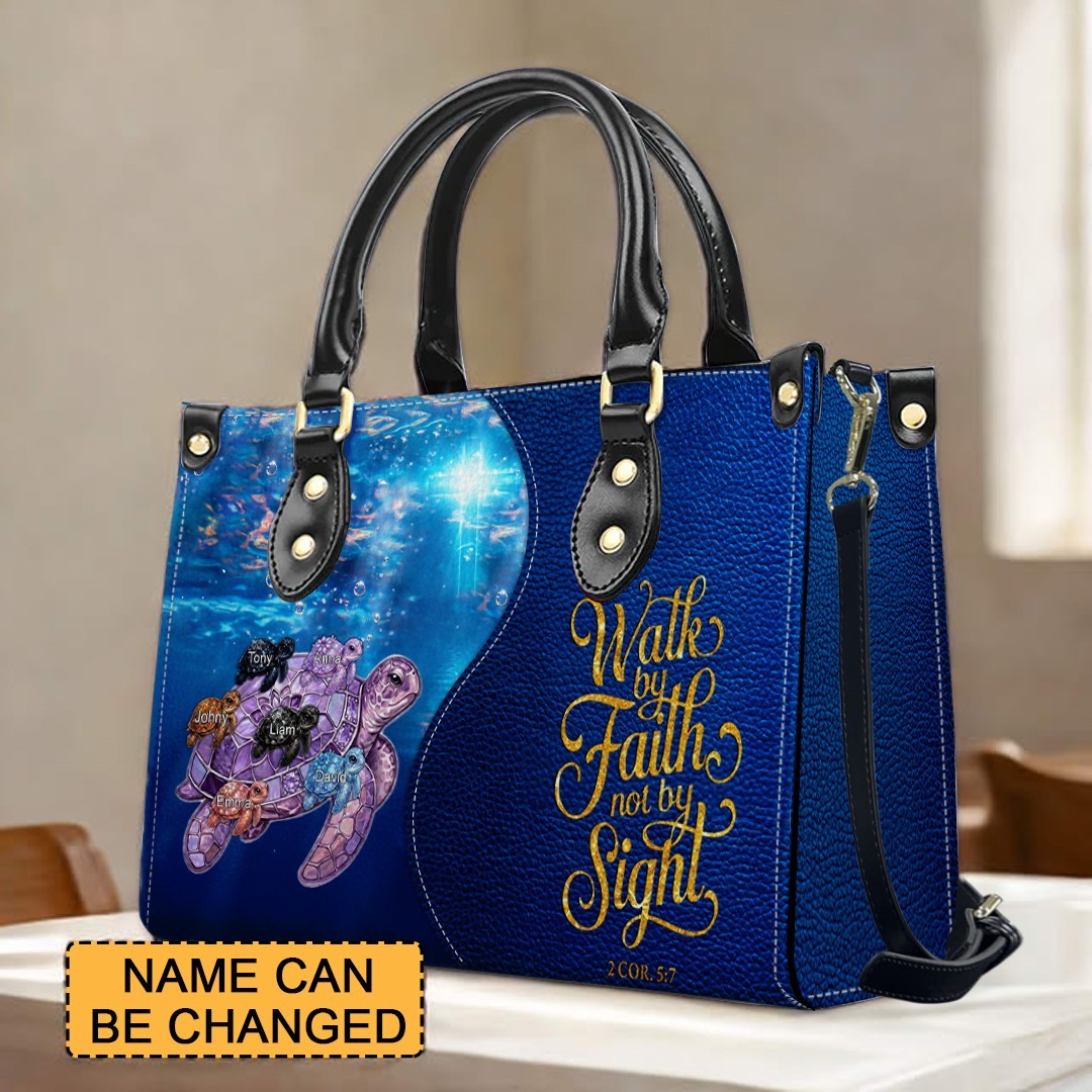 Personalized Turtle Leather Handbag - Walk By Faith Not By Sight Custom Name Purse - CHRISTIANARTBAG Bible Verse Gift CAB141026