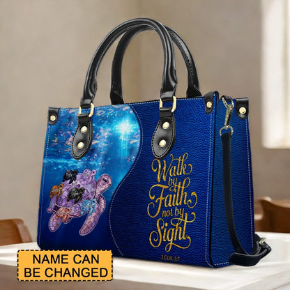 Personalized Turtle Leather Handbag - Walk By Faith Not By Sight Custom Name Purse - CHRISTIANARTBAG Bible Verse Gift CAB141026
