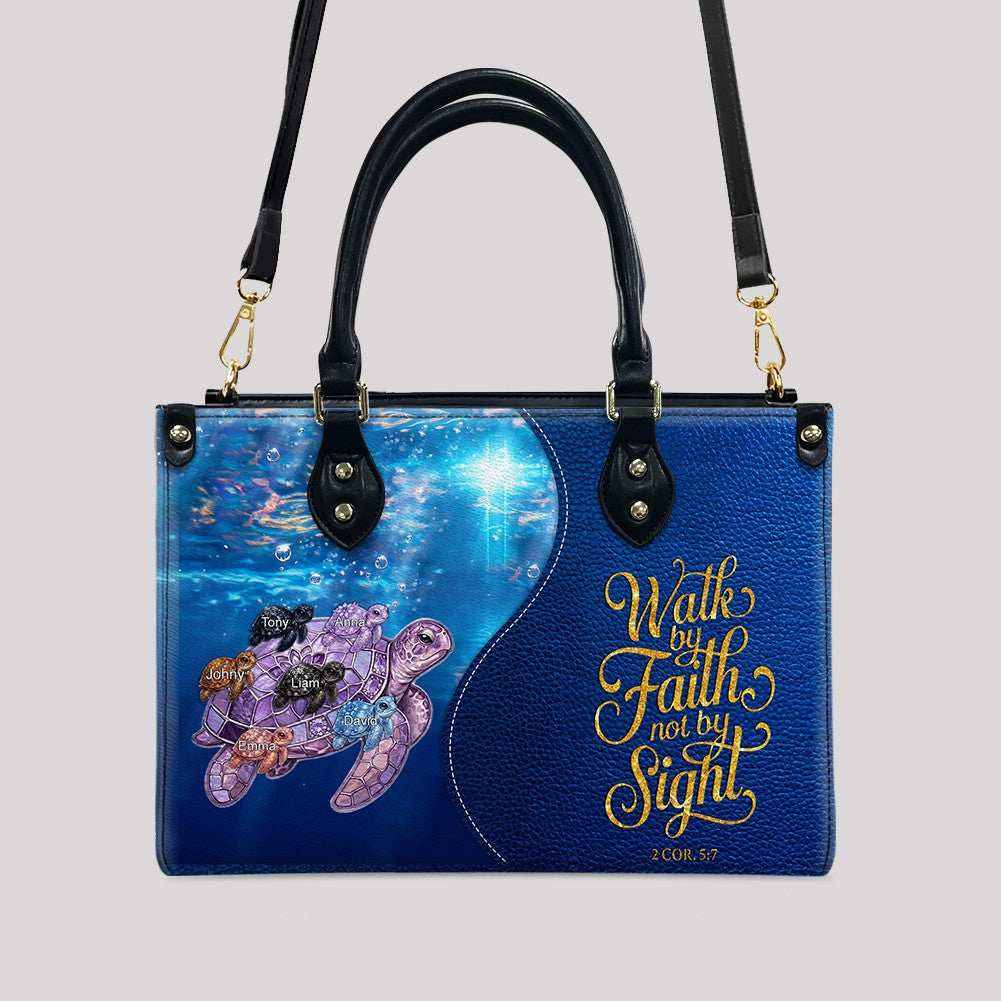 Personalized Turtle Leather Handbag - Walk By Faith Not By Sight Custom Name Purse - CHRISTIANARTBAG Bible Verse Gift CAB141026