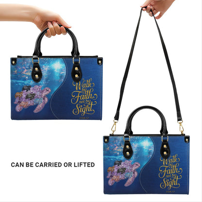 Personalized Turtle Leather Handbag - Walk By Faith Not By Sight Custom Name Purse - CHRISTIANARTBAG Bible Verse Gift CAB141026