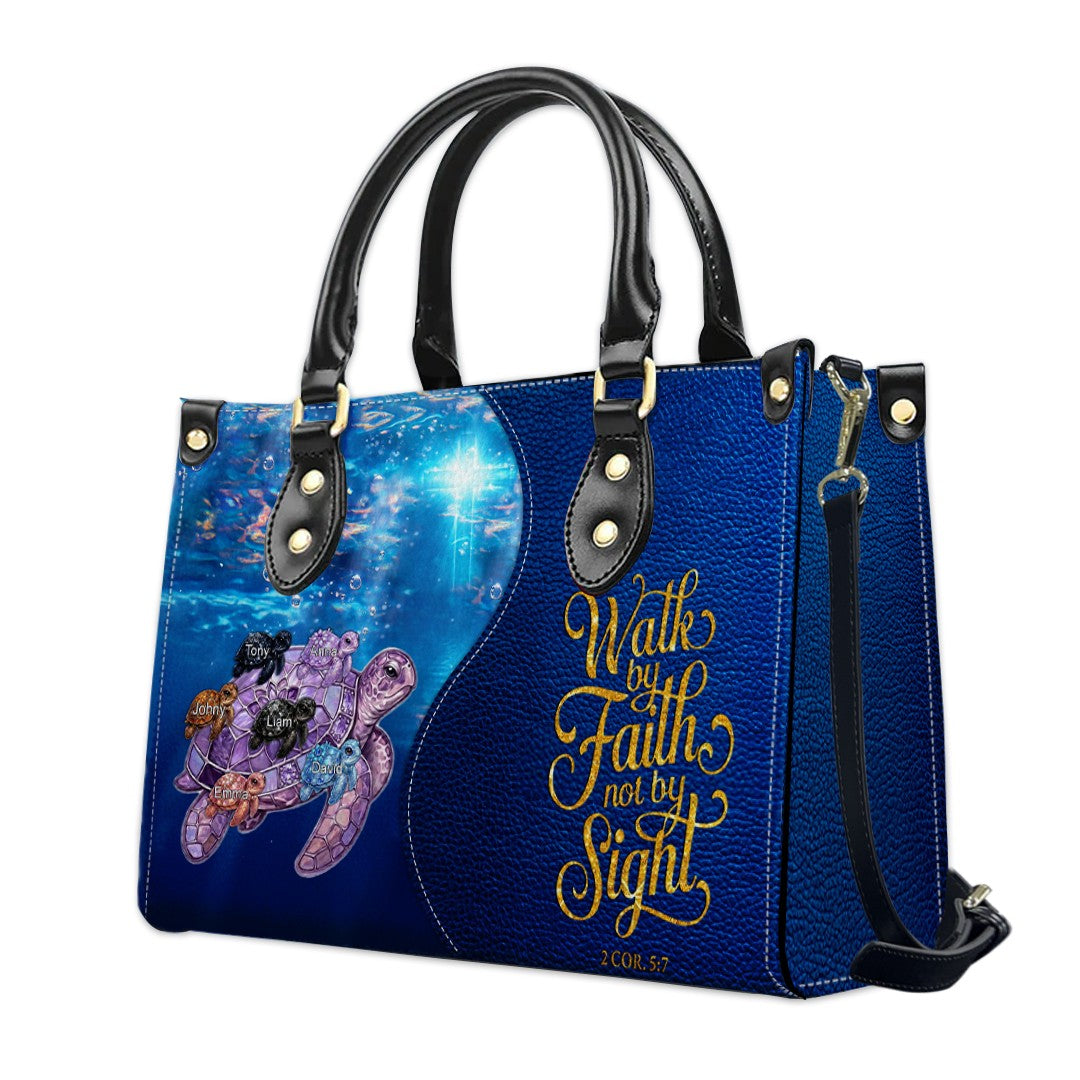 Personalized Turtle Leather Handbag - Walk By Faith Not By Sight Custom Name Purse - CHRISTIANARTBAG Bible Verse Gift CAB141026