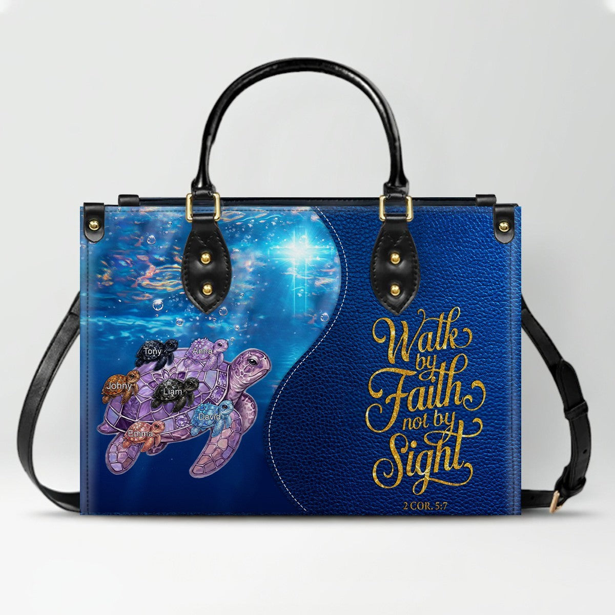 Personalized Turtle Leather Handbag - Walk By Faith Not By Sight Custom Name Purse - CHRISTIANARTBAG Bible Verse Gift CAB141026