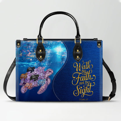 Personalized Turtle Leather Handbag - Walk By Faith Not By Sight Custom Name Purse - CHRISTIANARTBAG Bible Verse Gift CAB141026