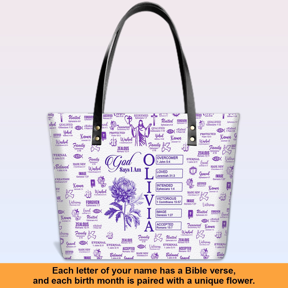 Personalized Luxury Tote Bag with Bible Verses & Birth Month Flowers – Custom Christian Gift by CHRISTIANARTBAG