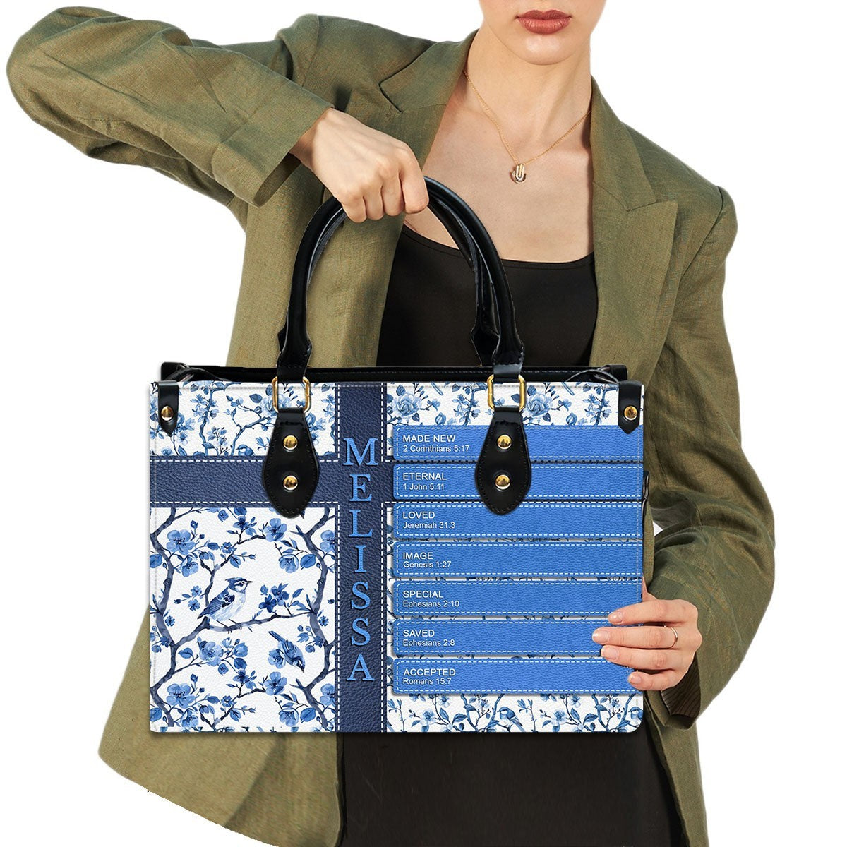 Personalized Leather Handbag – Custom Name with Each Letter Matched to a Unique Bible Verse