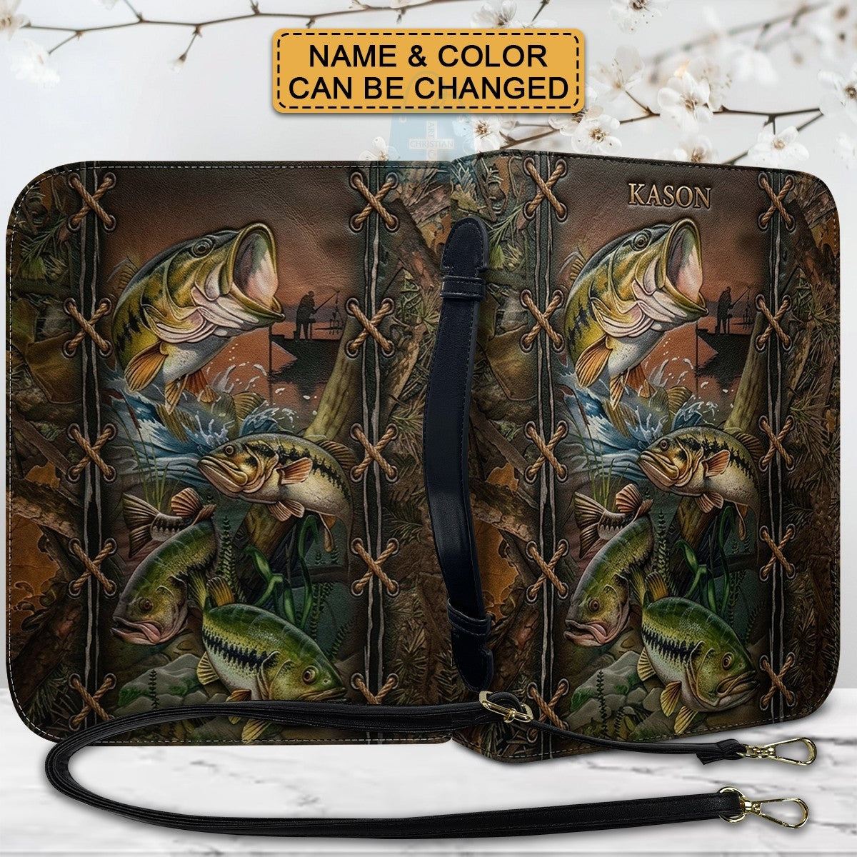 Personalized Leather Bible Cover with Fishing Bass Art, Custom Name Engraved Bible Bag - Forest Camo CAB02103126