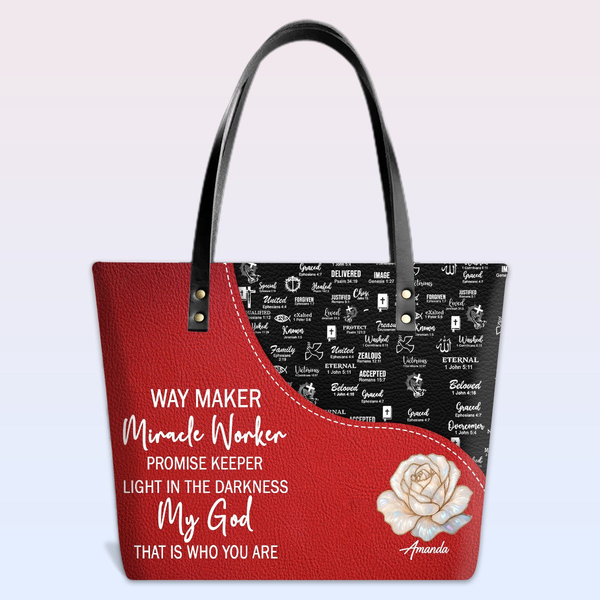 Personalized Christian Red Leather Tote Bag Luxury with Bible Verses – Custom Name Handbag by CHRISTIANARTBAG