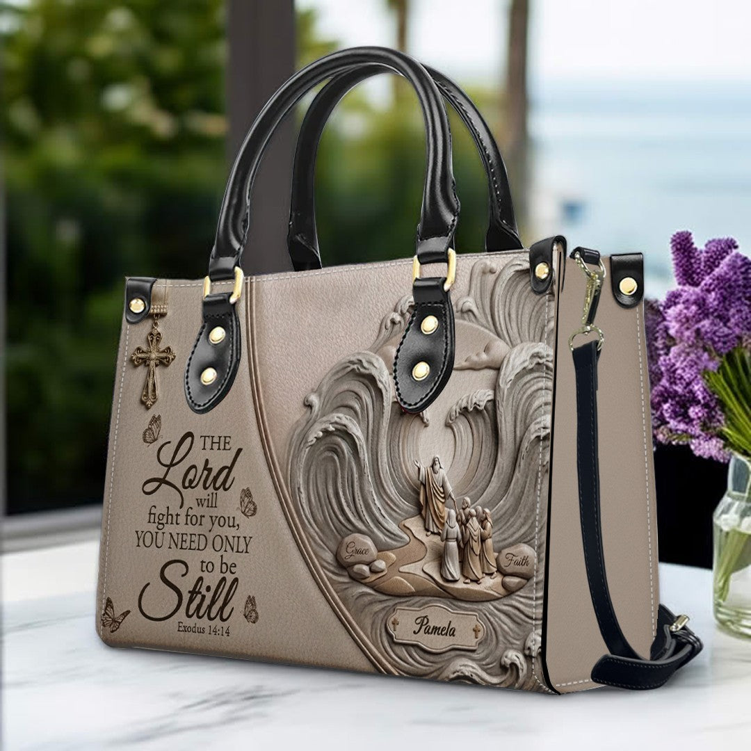 Personalized Bible Verse Leather Handbag, Custom Christian Tote Bag with Name & Exodus 14:14 - CHRISTIANARTBAG 01072626