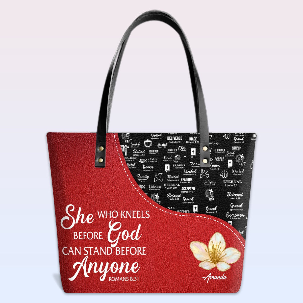 Personalized Christian Red Leather Tote Bag Luxury with Bible Verses – Custom Name Handbag by CHRISTIANARTBAG