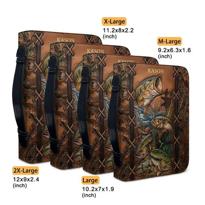 Personalized Leather Bible Cover with Fishing Bass Art, Custom Name Engraved Bible Bag - Forest Camo CAB02103126