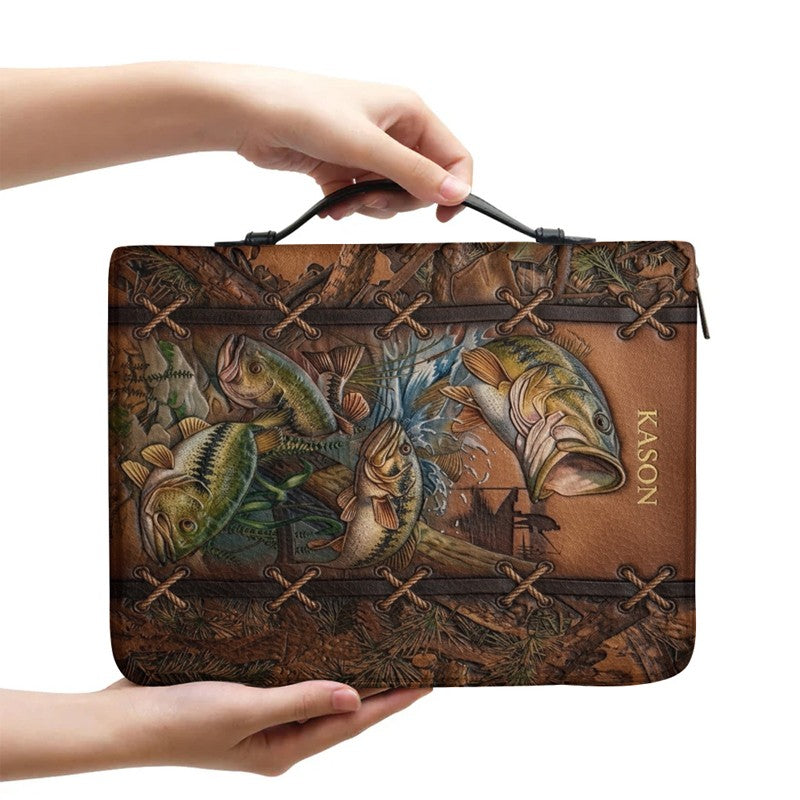 Personalized Leather Bible Cover with Fishing Bass Art, Custom Name Engraved Bible Bag - Forest Camo CAB02103126