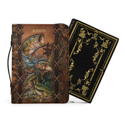 Personalized Leather Bible Cover with Fishing Bass Art, Custom Name Engraved Bible Bag - Forest Camo CAB02103126