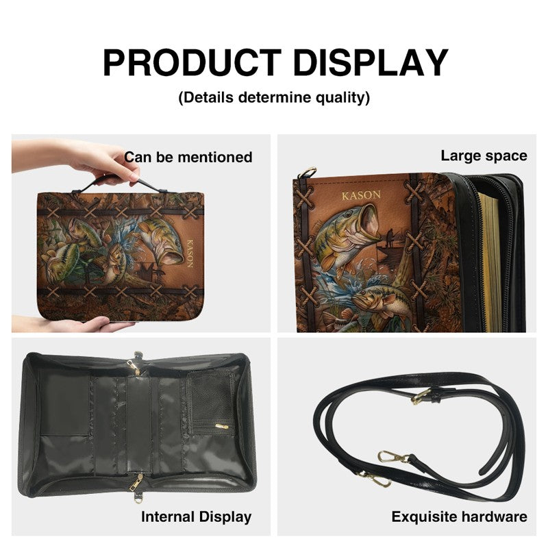 Personalized Leather Bible Cover with Fishing Bass Art, Custom Name Engraved Bible Bag - Forest Camo CAB02103126