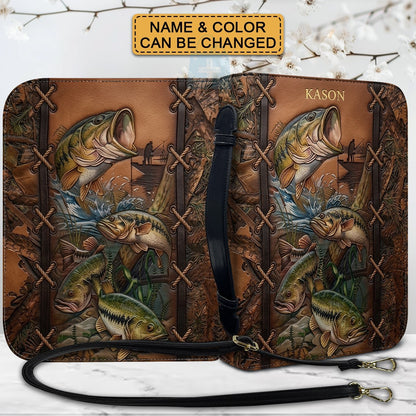 Personalized Leather Bible Cover with Fishing Bass Art, Custom Name Engraved Bible Bag - Forest Camo CAB02103126