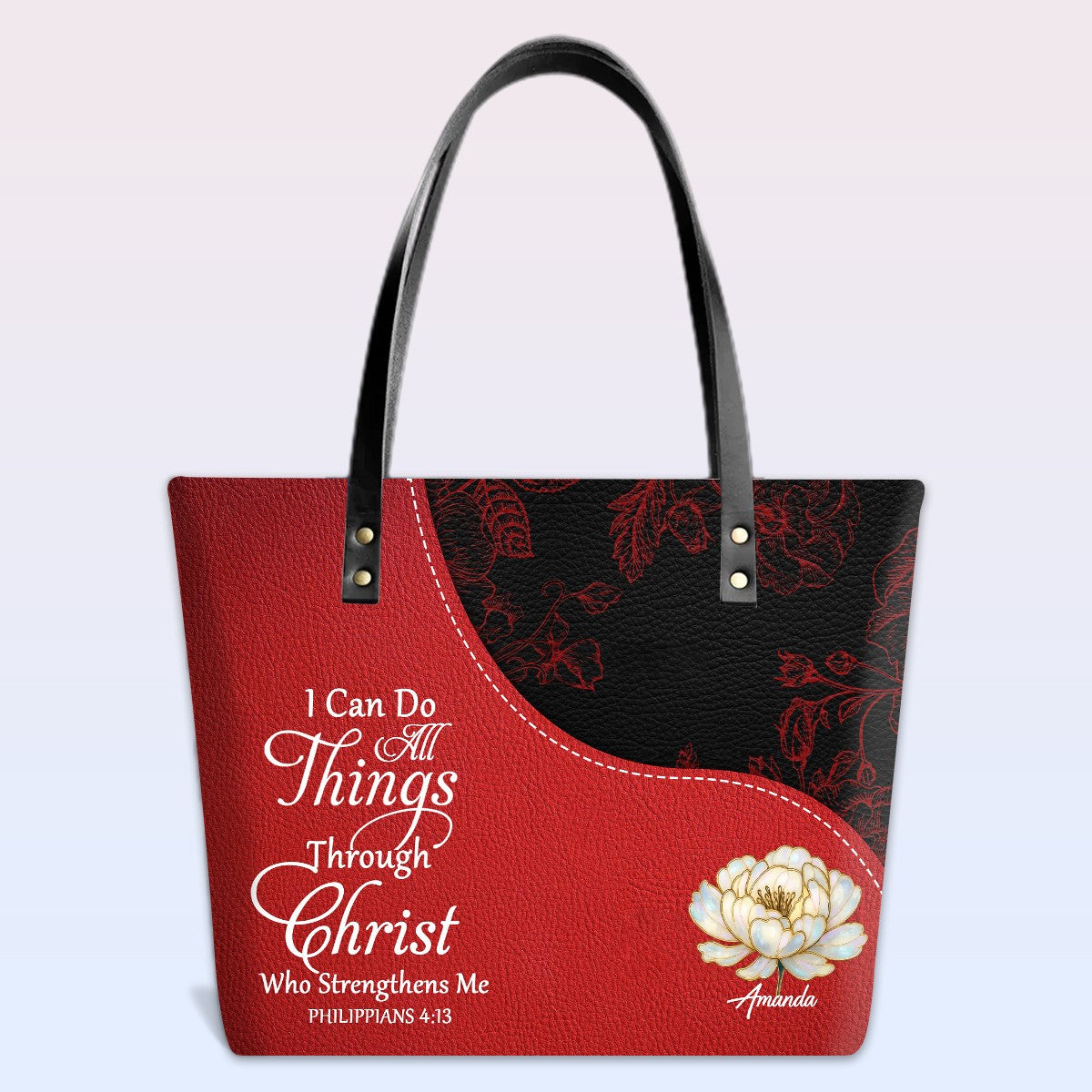 Personalized Christian Red Leather Tote Bag Luxury with Bible Verses – Custom Name Handbag by CHRISTIANARTBAG